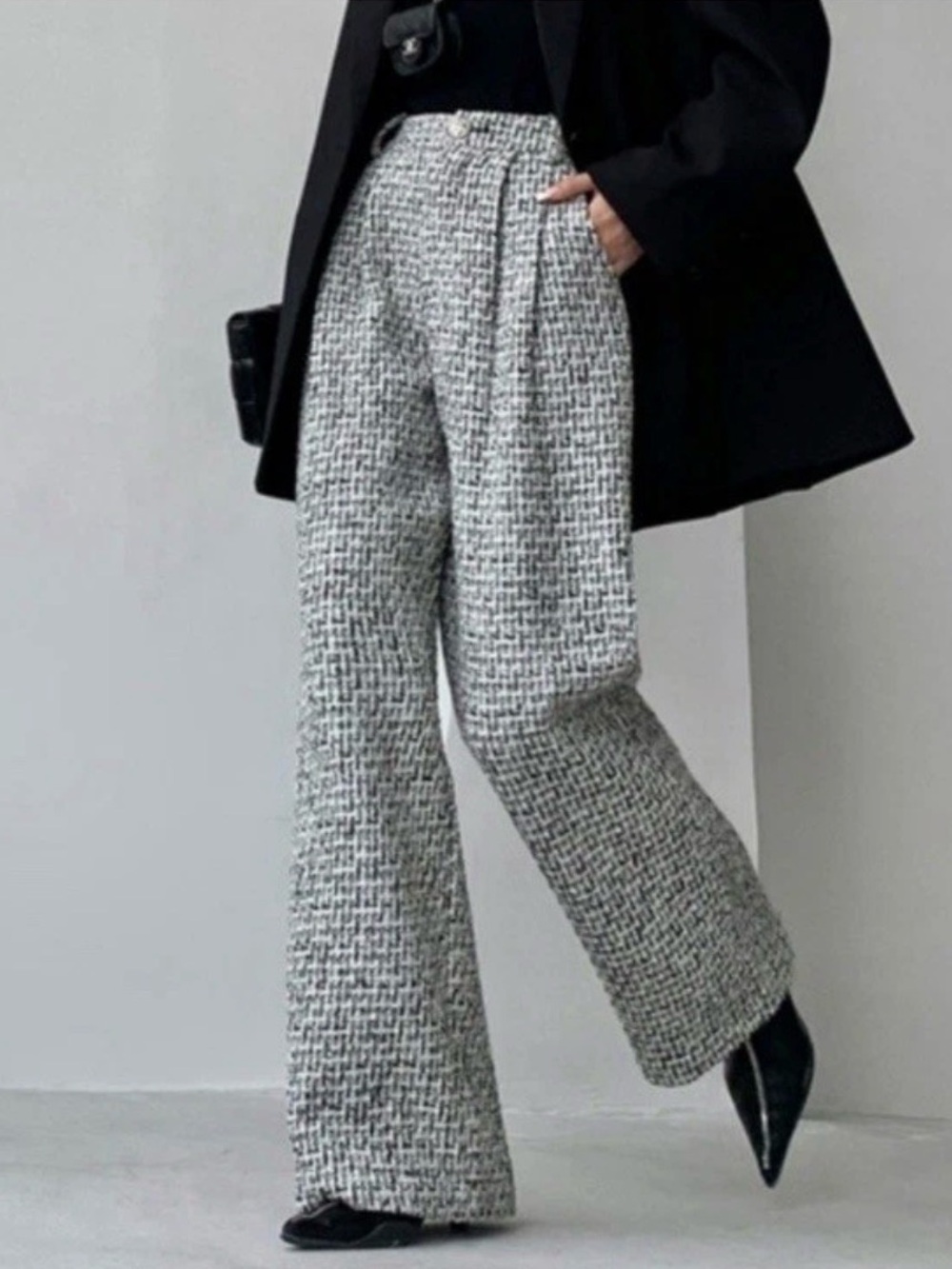 Commense Black White Tweed Wide-Leg Dress Pants Houndstooth Office Chic Minimali